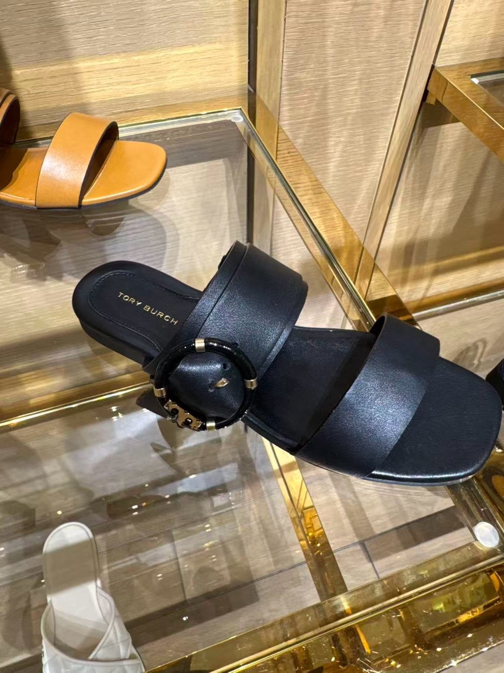 Tory Burch multi logo flat Black Leather Slide Sandals with Gold-Tone Buckle - Picture 2 of 3